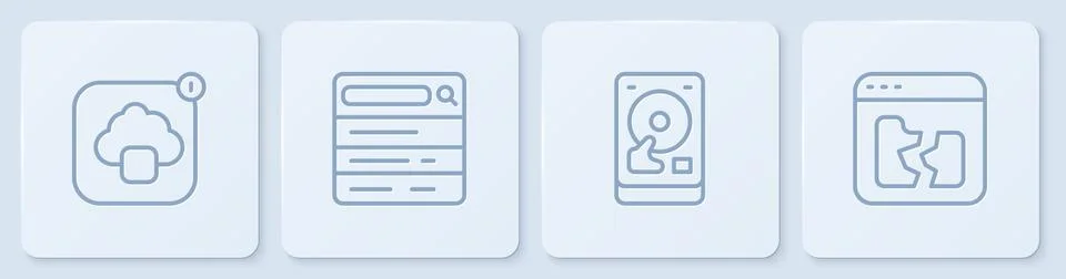 Set line Cloud technology data transfer, Hard disk drive HDD, Search engine a Stock Illustration