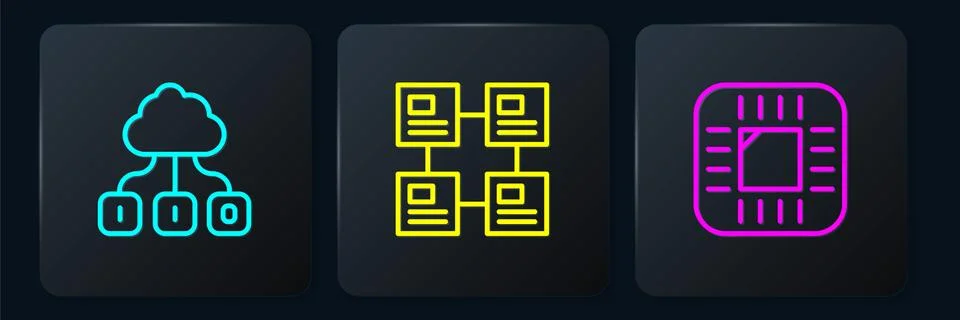 Set line Cloud technology data transfer, Processor with CPU and Hierarchy org Stock Illustration