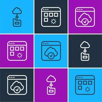 Set line Cloud technology data transfer, and Loading window icon. Vector Stock Illustration