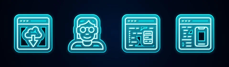 Set line Cloud technology data transfer, Hacker or coder, Software and . Glowing Illustrazione stock