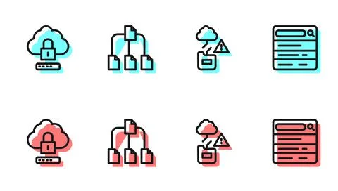 Set line Cloud technology data transfer, computing lock, Folder tree and Search Stock Illustration