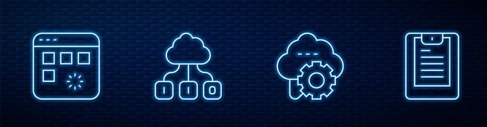 Set line Cloud technology data transfer, Loading window, and Server, Data report Stock Illustration