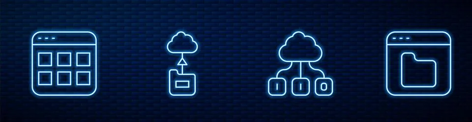 Set line Cloud technology data transfer, Browser files, and . Glowing neon icon Stock Illustration
