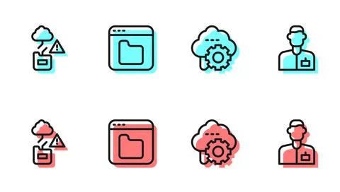 Set line Cloud technology data transfer, , Browser files and Analyst engineer Stock Illustration