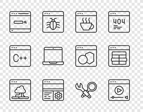 Set line Cloud technology data transfer, Online play video, Software, Debugging Stock Illustration