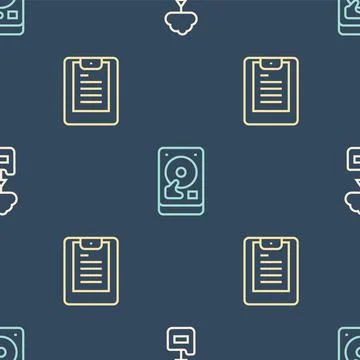 Set line Cloud technology data transfer, Server, Data report and Hard disk drive 스톡 일러스트