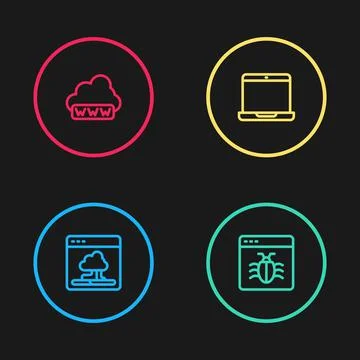 Set line Cloud technology data transfer, System bug, Laptop and Web development 스톡 일러스트