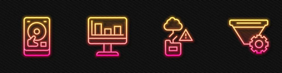 Set line Cloud technology data transfer, Hard disk drive HDD, Monitor with graph Illustrazione stock
