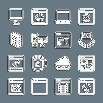 Set line Cloud technology data transfer, Software, Processor, Laptop, Computer Stock Illustration