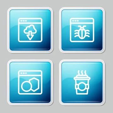 Set line Cloud technology data transfer, System bug, Software and Coffee cup to Illustrazione stock