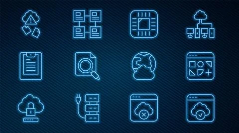 Set line Cloud technology data transfer, Different files, Processor with CPU Stock Illustration