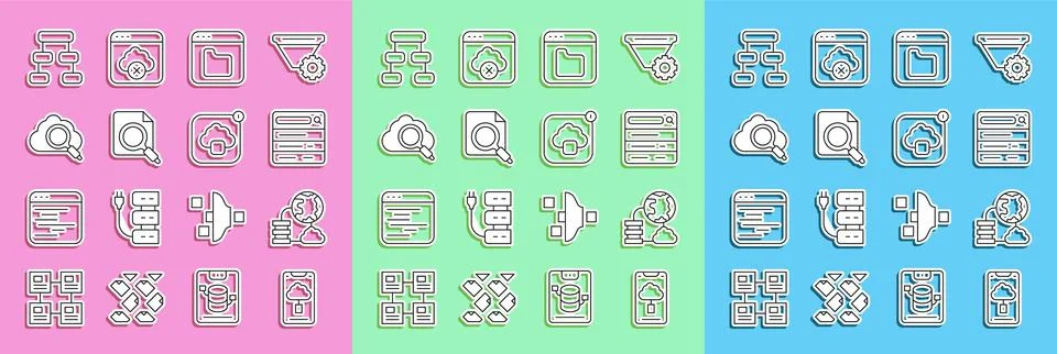 Set line Cloud technology data transfer, Network cloud connection, Search engine Stock Illustration