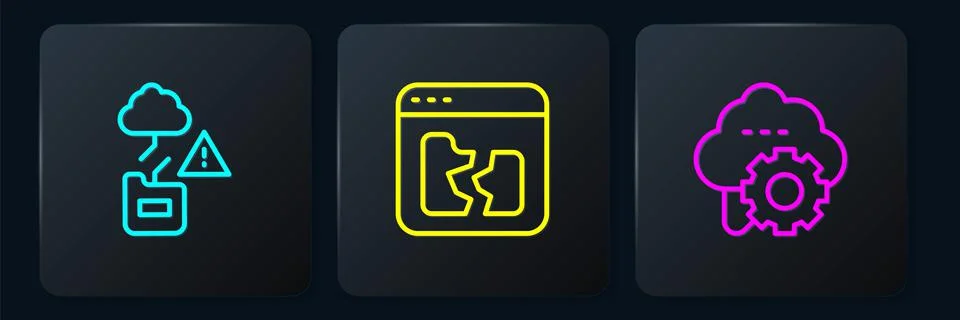Set line Cloud technology data transfer, and Broken file. Black square button Illustrazione stock
