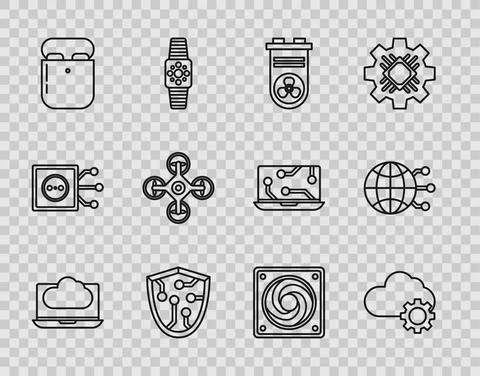 Set line Cloud technology data transfer and storage, Video graphic card, Cyber Stock Illustration