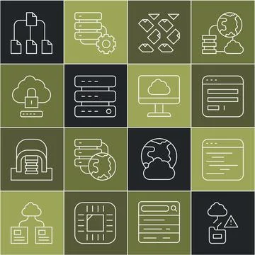 Set line Cloud technology data transfer, Software, Browser window, Data stream Illustrazione stock