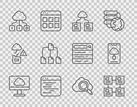 Set line Cloud technology data transfer, Hierarchy organogram chart, Software Illustrazione stock