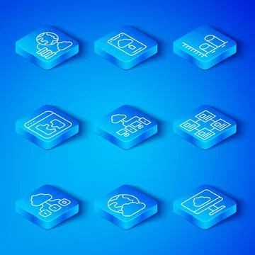 Set line Cloud technology data transfer, Computer network, Social, Hierarchy Illustrazione stock