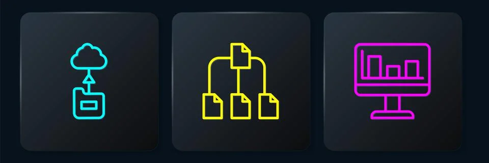 Set line Cloud technology data transfer, Monitor with graph chart and Folder Stock Illustration