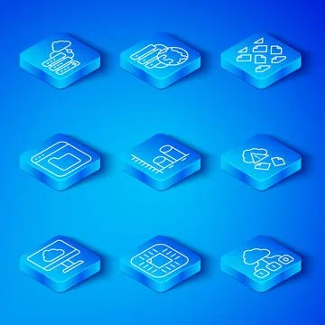 Set line Cloud technology data transfer, Data analysis, Processor with CPU Illustrazione stock