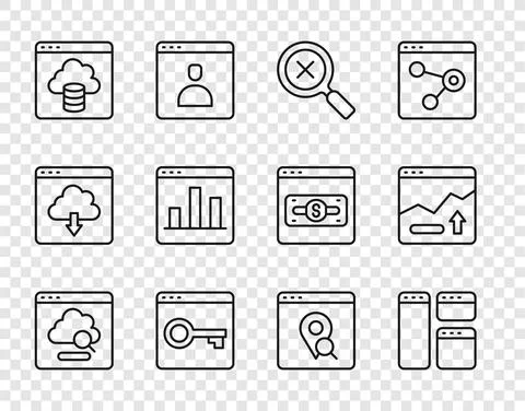 Set line Cloud technology data transfer, Magnifying glass and delete, Secure Stockillustratie