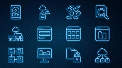 Set line Cloud technology data transfer, File missing, Data stream, Browser 스톡 일러스트