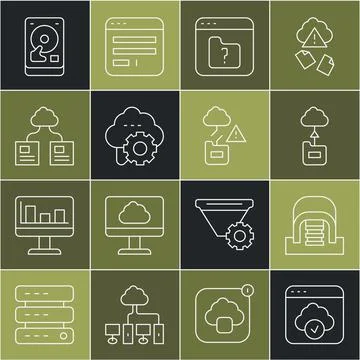 Set line Cloud technology data transfer, Hangar with servers, File missing, Hard 스톡 일러스트