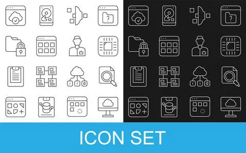 Set line Cloud technology data transfer, Search concept with folder, Processor Stock Illustration
