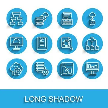 Set line Cloud technology data transfer, Server and gear, Hierarchy organogram Stockillustratie