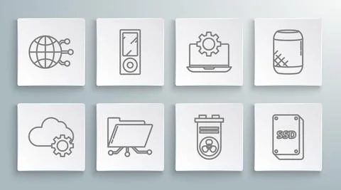 Set line Cloud technology data transfer and storage, Music player, Folder lock 스톡 일러스트
