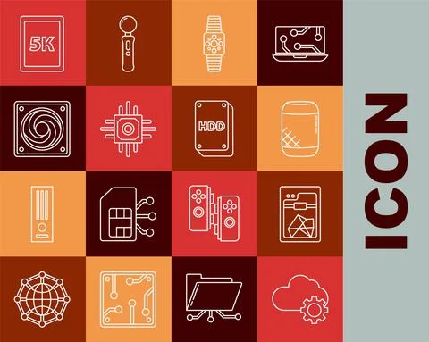 Set line Cloud technology data transfer and storage, 3D printer, Voice assistant Stock Illustration