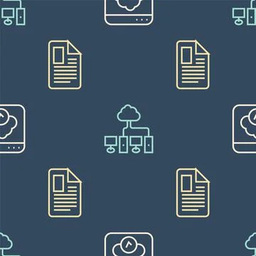 Set line Cloud technology data transfer, File document and Computer network on Illustrazione stock