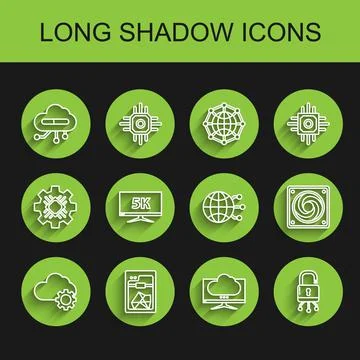 Set line Cloud technology data transfer and storage, Computer monitor screen Illustrazione stock