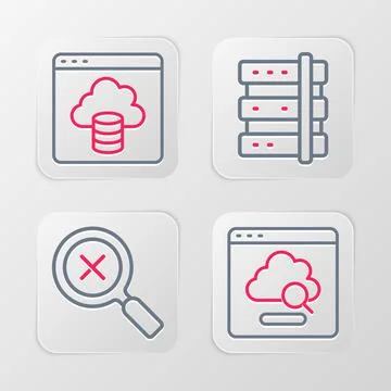 Set line Cloud technology data transfer, Magnifying glass and delete, Server and Illustrazione stock