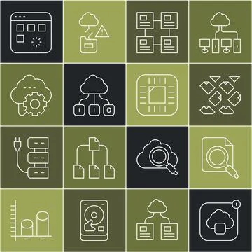 Set line Cloud technology data transfer, Search concept with folder, Data stream Stock Illustration