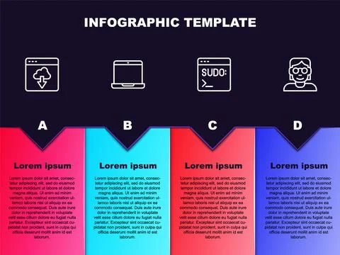 Set line Cloud technology data transfer, Laptop, Code terminal and Hacker or Stock Illustration