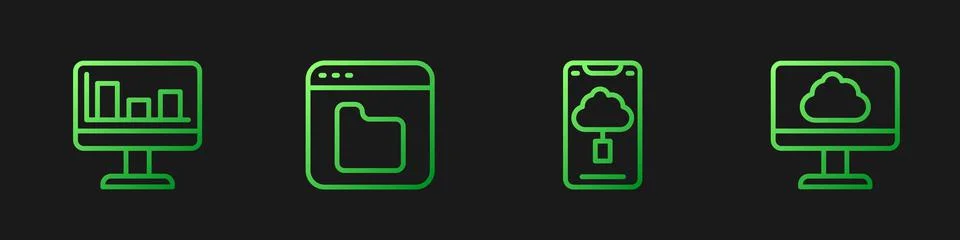 Set line Cloud technology data transfer, Monitor with graph chart, Browser files Illustrazione stock