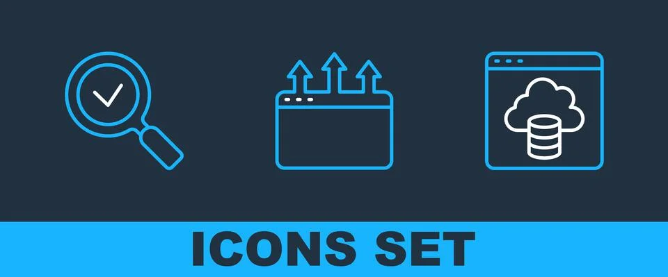 Set line Cloud technology data transfer, Magnifying glass with check mark and Stock Illustration