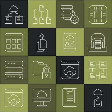 Set line Cloud technology data transfer, Hierarchy organogram chart, Hangar with Stock Illustration