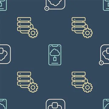 Set line Cloud technology data transfer, Server and gear and on seamless pattern Stock Illustration