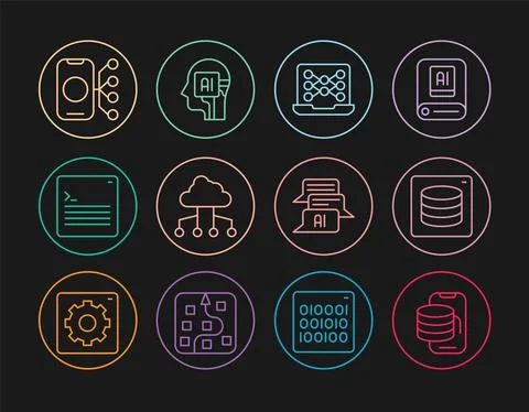 Set line Cloud technology data transfer, Server, Data, Neural network, Network Stock Illustration