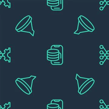 Set line Cloud technology data transfer, Funnel or filter and Neural network on 스톡 일러스트