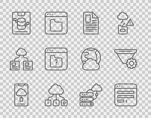 Set line Cloud technology data transfer, Browser window, File document, Server Illustrazione stock