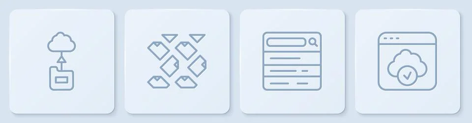 Set line Cloud technology data transfer, Search engine, Data stream and . White Illustrazione stock