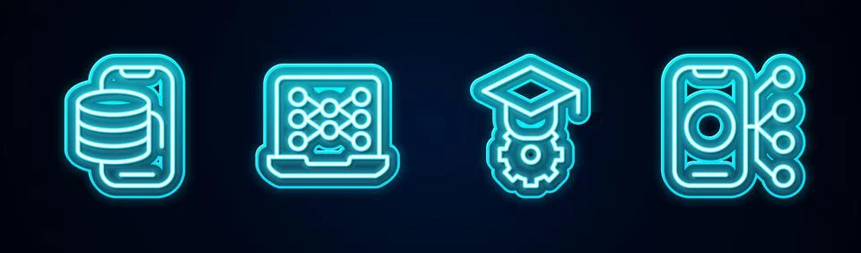 Set line Cloud technology data transfer, Neural network, Graduation cap and Illustrazione stock