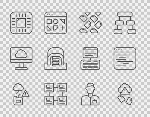 Set line Cloud technology data transfer, hacking, Data stream, Hierarchy Illustrazione stock