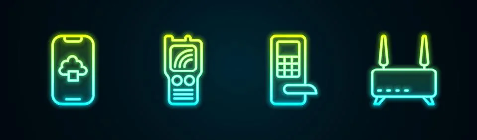 Set line Cloud technology data, Walkie talkie, Digital door lock and Router and Illustrazione stock