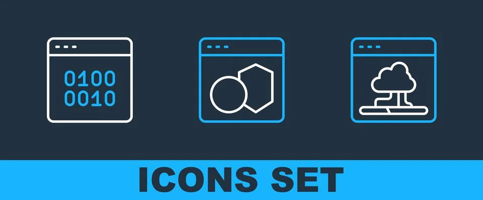 Set line Cloud technology data transfer, Binary code and Software icon. Vector Stock Illustration