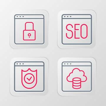 Set line Cloud technology data transfer, Browser with shield, SEO optimization Ilustración de archivo