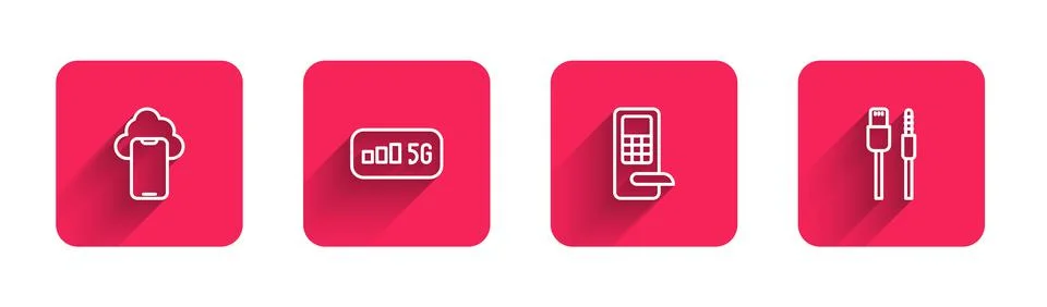 Set line Cloud technology data, 5G wireless internet, Digital door lock and USB Illustrazione stock