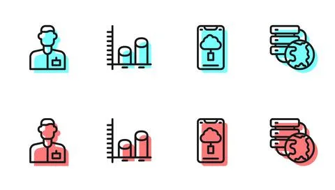 Set line Cloud technology data transfer, Analyst engineer, Data analysis and Stock Illustration